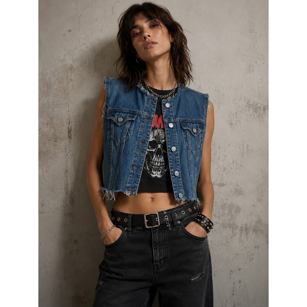 GAP Womens Medium Wash Distressed Denim Vest Raw Edge Cropped Blue Size M Punk